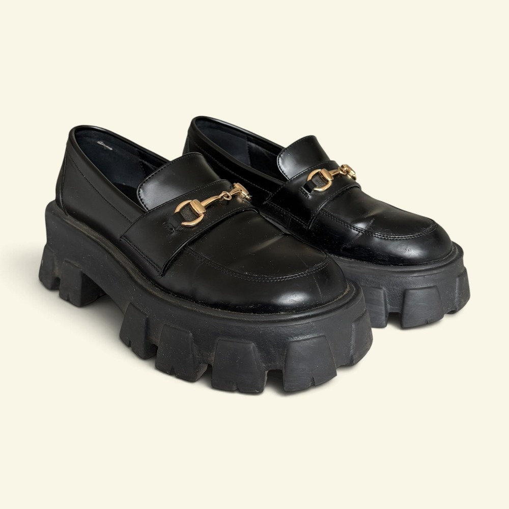 Princess Polly Penny Lane Loafers Black Chunky Platform Lug Sole Shoes Size 8